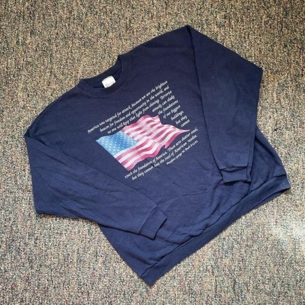 Vintage Santee George‎ W Bush 9/11 American Flag Navy Sweatshirt XL Made in USA